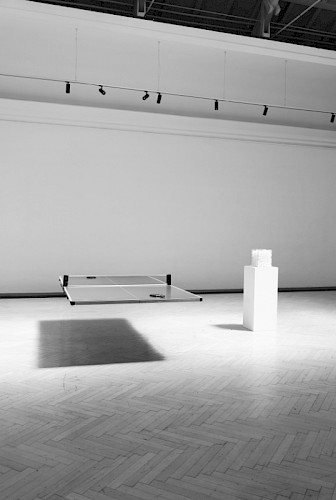 „Playground Europe“ 2022 partizipative Installation Stahlseile, Tischtennisplatte, Tischtennisbälle mit Namen der Flüchtlinge an der polnisch-belorussischen Grenze 2021/22